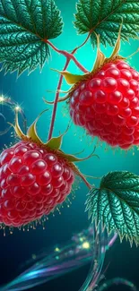 Ripe red raspberries with green leaves on a vibrant background.