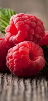 Close-up of vibrant raspberries with rustic wood background.