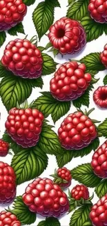 Vibrant raspberry pattern wallpaper with green leaves.
