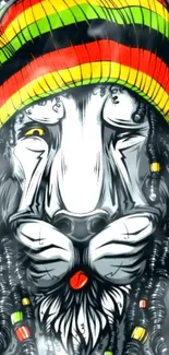 Stylized Rasta lion with vibrant hat and dreadlocks on dark background