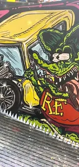 Rat Fink inspired wallpaper with colorful car art and dynamic design.