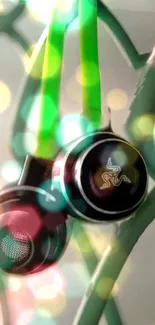 Vibrant Razer earbuds against colorful bokeh lights.