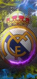 Real Madrid emblem with vibrant colors and electric effects.