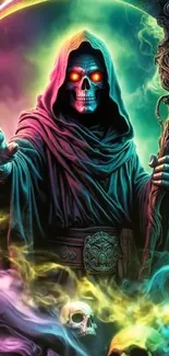 Colorful reaper fantasy wallpaper with mystical aura.