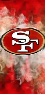 49ers logo with smoke on red background.