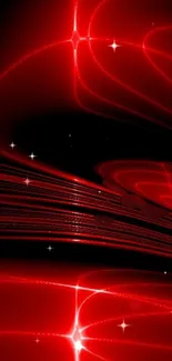 Red abstract wallpaper with glowing heart shapes and cosmic lines.