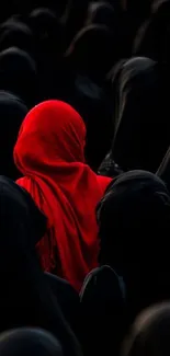 Red figure standing out in a sea of black.