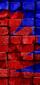 Vibrant red and blue painted brick wall design.