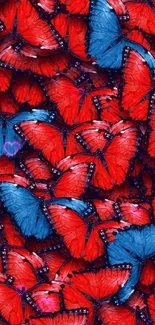 Red and blue butterflies in vibrant display for mobile wallpaper.