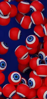 Red eyeballs with blue irises on a blue background.
