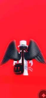 Mobile wallpaper of angel with black wings on red background.