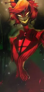 Red-suited animated character with glowing eyes in a dark setting.