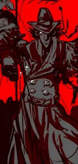 Illustration of a mysterious character in dark tones with a red background.