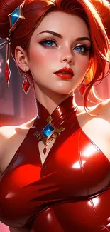 Anime character with red dress and vibrant jewelry.