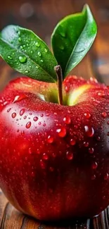 Vibrant image of a fresh red apple with dewdrops on a wooden background.