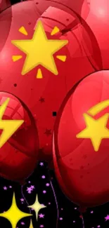 Red balloons with yellow stars and lightning on a playful background.