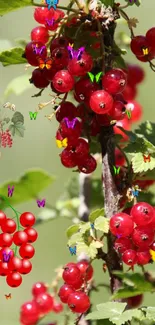 Vibrant red berries and butterflies on a green leafy background.