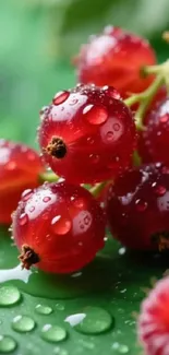 Close-up of vibrant red berries with water droplets on a green background.