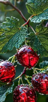 Red berries with dewdrops and green leaves close-up.