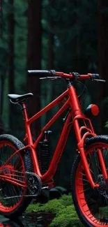 Red bicycle stands in lush forest setting with vibrant colors.