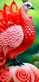 Vibrant red bird with intricate feathers on a mobile wallpaper.