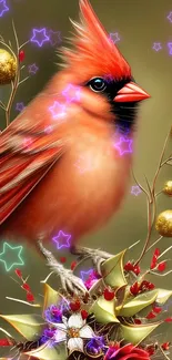 Vibrant red cardinal perched in a fantasy setting with golden spheres.