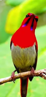 Red bird perched on a branch with a green background.