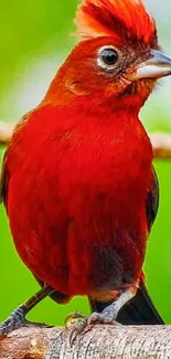 Close-up of a vibrant red bird perched on a branch, showcasing vivid plumage.