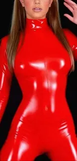 Person in a vibrant red bodysuit against a dark background.