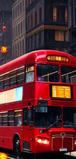 Red double-decker bus on rainy city street at night.