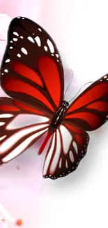 Red butterfly with elegant wings on a soft pink floral background.