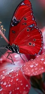 Red butterfly on a wet flower petal
