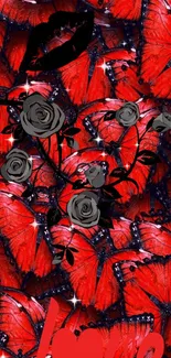 Red butterflies and black roses wallpaper design.