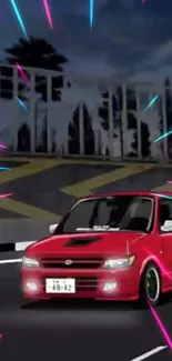 Red car with neon streaks in anime cityscape.