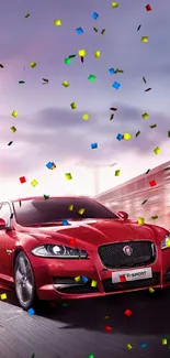 Red sports car surrounded by colorful confetti.