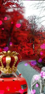 Red car with crown on a vibrant autumn road, adorned with hearts.