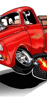 Cartoon illustration of a vintage red truck with dynamic flames.