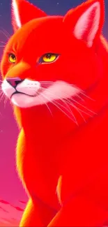 A vibrant red cat with a sunset gradient backdrop.