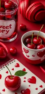 Cozy setting with cherries, hearts, and red headphones.