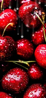 Close-up of vibrant red cherries with water droplets.