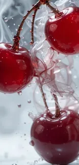 Glossy red cherries with misty background