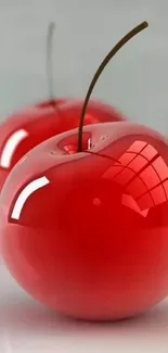 Shiny red cherries with reflective surface on wallpaper.