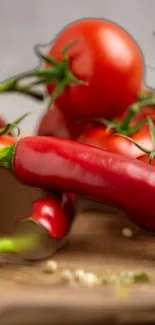 Fresh red chili peppers with tomatoes on a wooden surface.