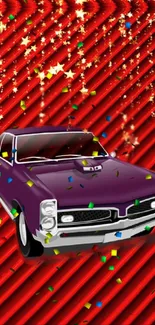 Purple classic car on red background with stars and confetti.