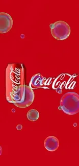 Coca-Cola can on red background with bubbles.