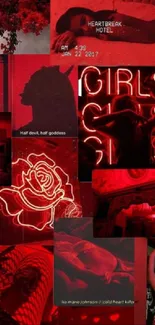 Artistic red collage wallpaper with neon and floral elements.