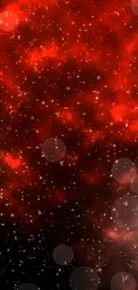 Vibrant red cosmic wallpaper with bokeh and stars.