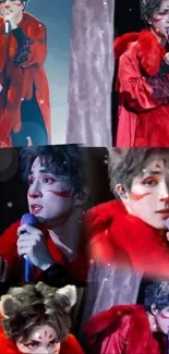 Performer in vibrant red costume collage with theatrical flair.