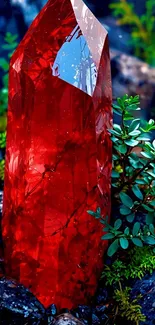 Vibrant red crystal with lush greenery.