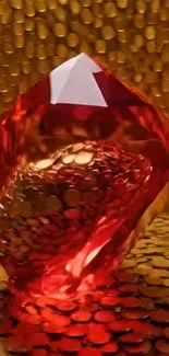 Red crystal glowing on golden coins wallpaper.